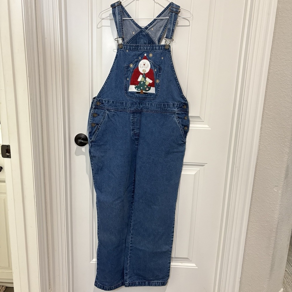 Christopher Banks Embroidered Denim Christmas overalls Large‎ Vintage